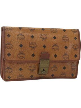 MCM Logogram Vicetos Clutch Bag PVC Leather Brown Gold
